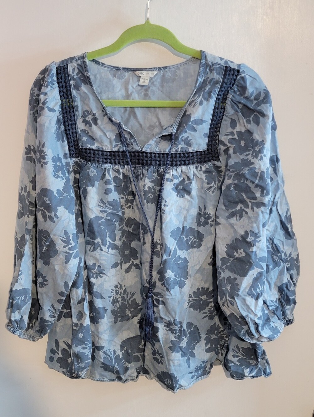 Cato Light Blue Floral Peasant Blouse with Navy Accents